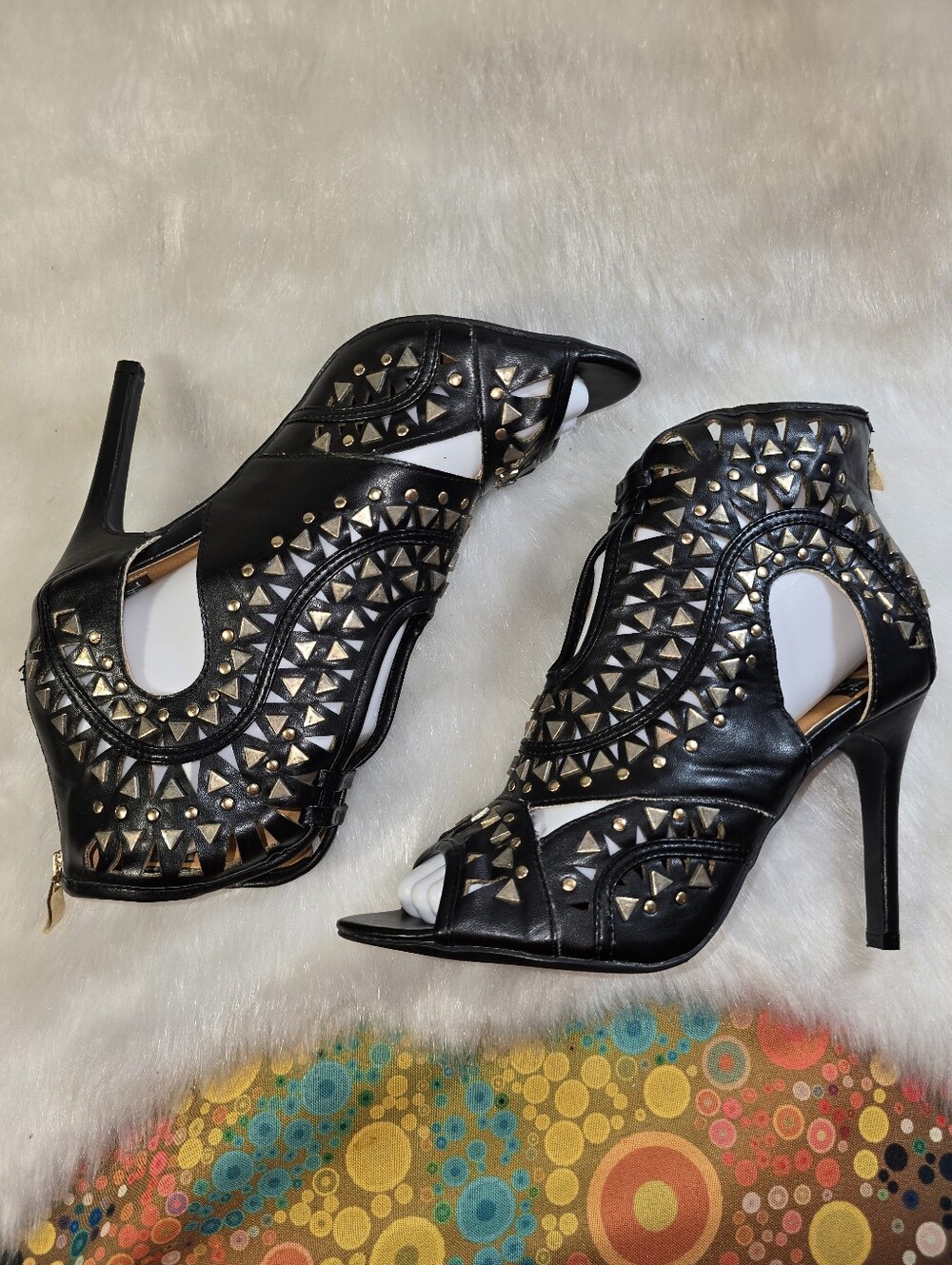 N.Y.L.A. Zalan Black Vegan Leather Studded Cutout High Heel Sandals for Women